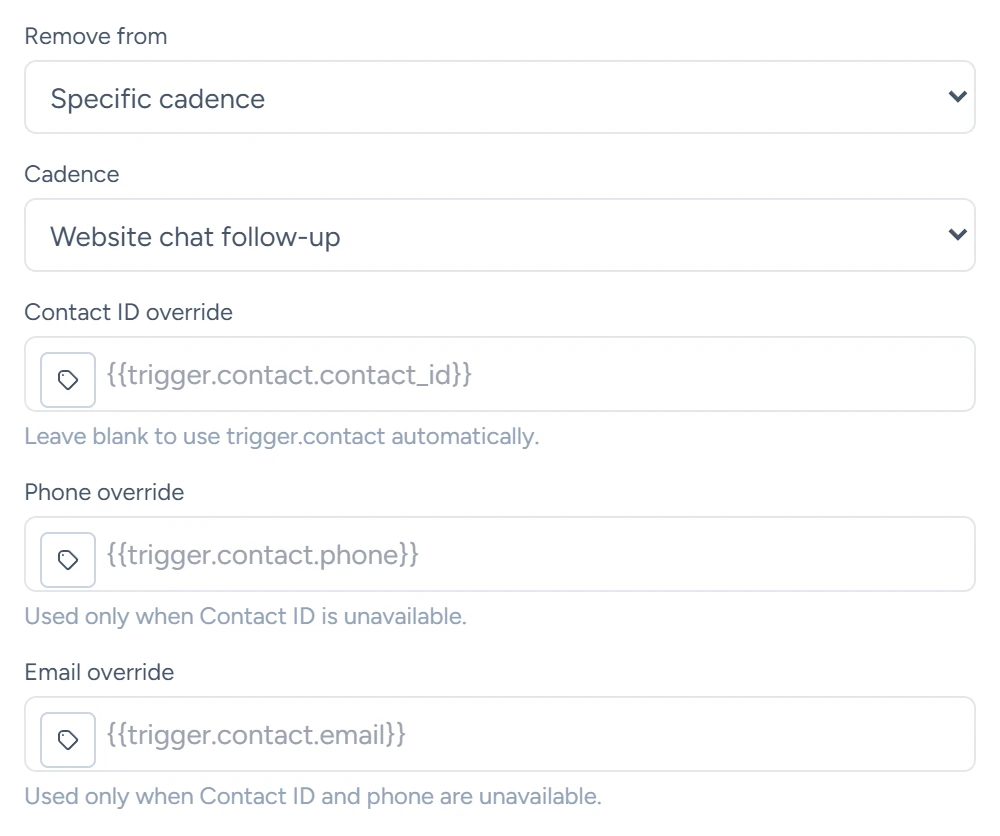 A Remove From Cadence step set to stop runs of the Website chat follow-up workflow, with the contact override fields empty