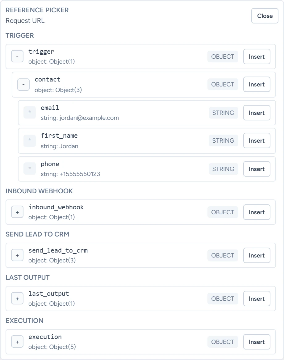 The Reference picker with the trigger's contact branch open on email, first_name and phone, each with an Insert button