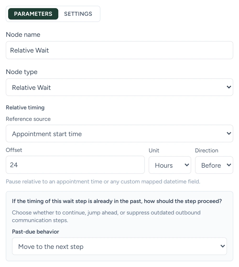 A Relative Wait step set to 24 hours before the appointment start time, moving to the next step when that time has passed